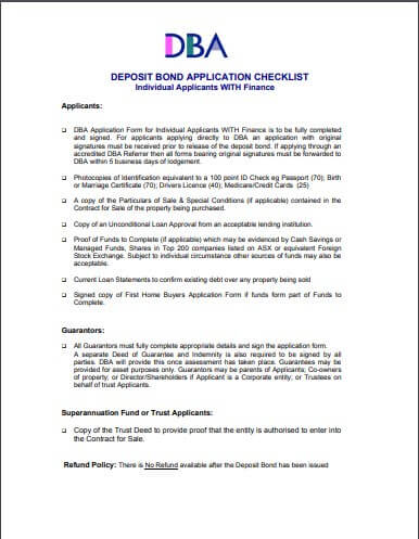 Deposit Bond Checklist for Individuals with Finance Approval