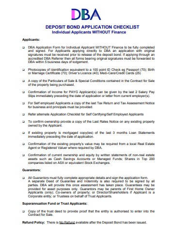 Deposit Bond Checklist for Individuals without Finance Approval